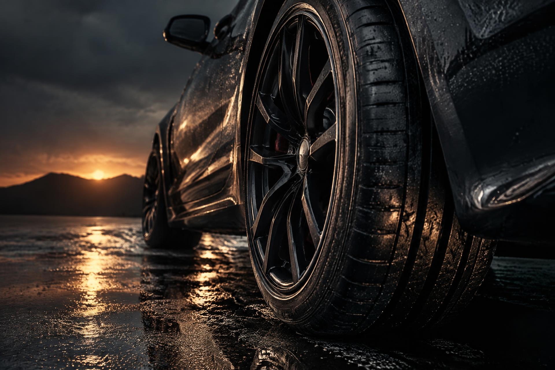 Close-up of a performance tire and alloy wheel on wet asphalt