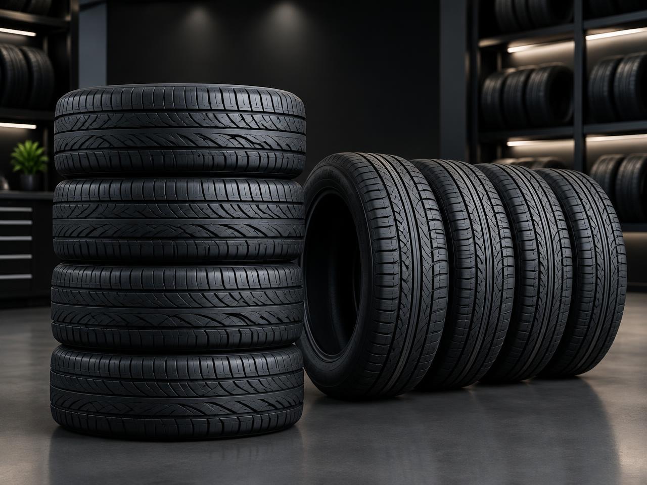 New tires stacked in the Ajax Tire shop