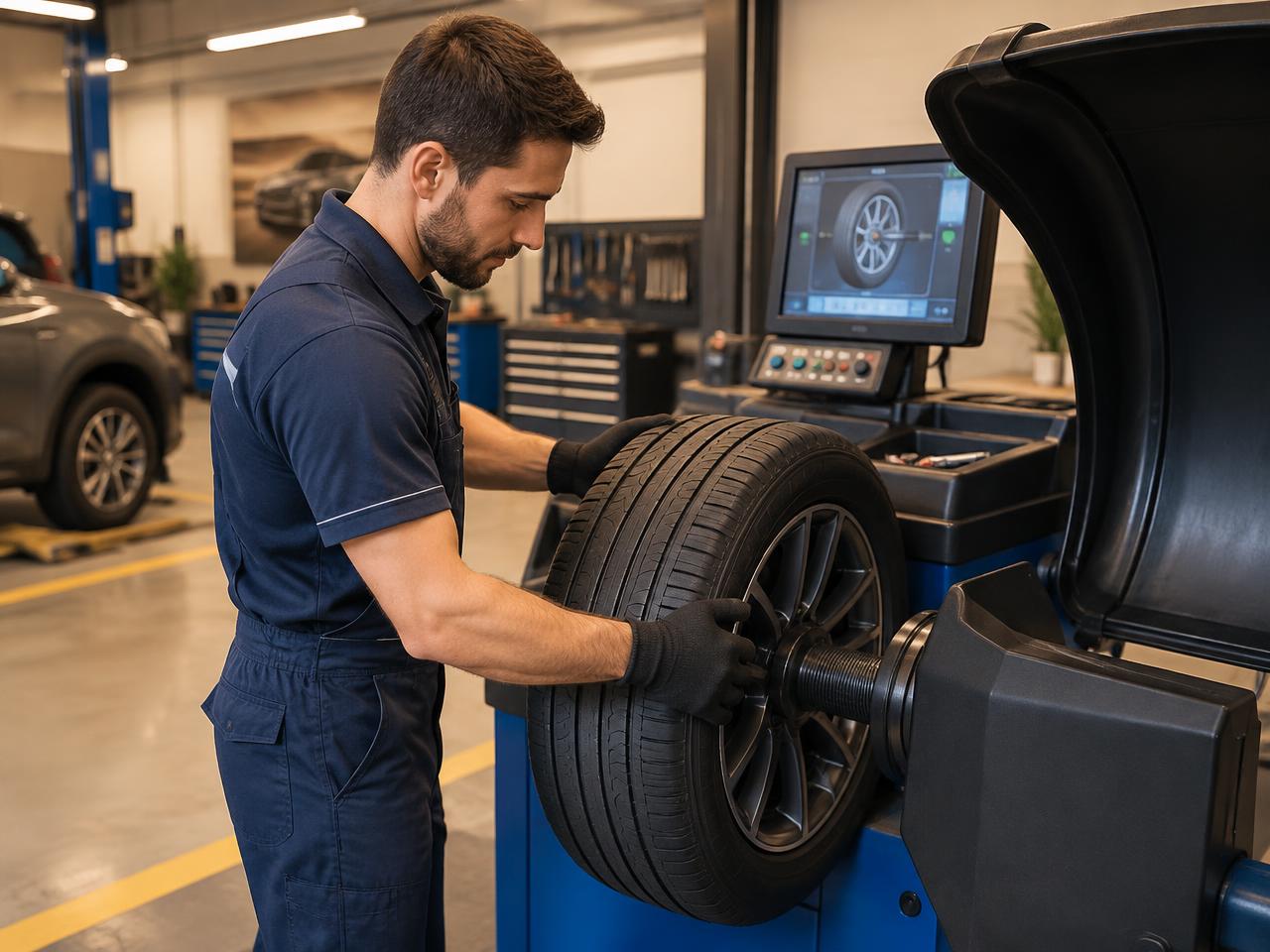 Technician balancing a tire at the Ajax Tire shop