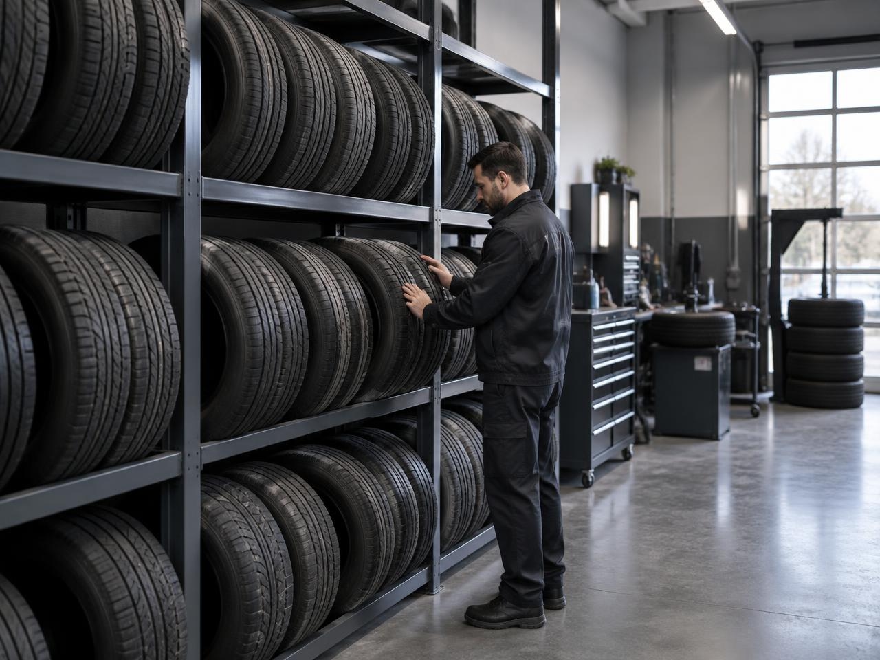 Inspected used tires organized on shop racks