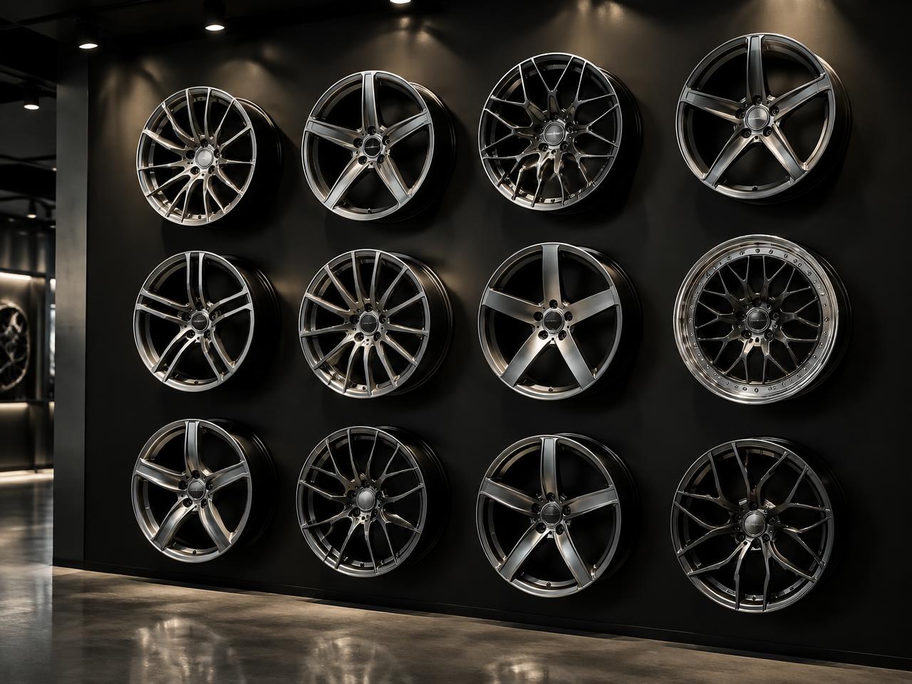 Alloy wheels displayed on a dark showroom wall